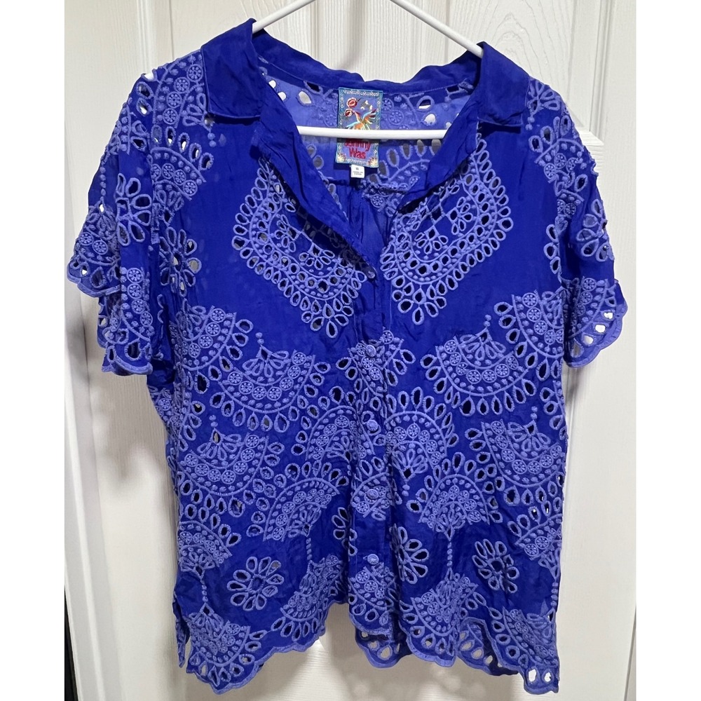 Johnny Was Blue Eyelet Embroidered Cupra Rayon Button Down Shirt XL C11722